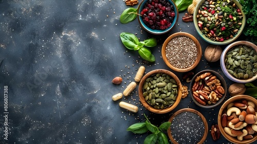 Nutrient-Rich Health Foods: Greens, Fruits, Nuts, Seeds, and Supplements for Wellness. Concept Nutrient-rich Foods, Greens, Fruits, Nuts, Seeds, Supplements photo