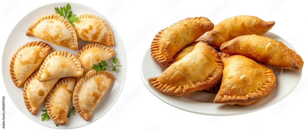Empanadas on a white plate bundle, front and top view, mexican food collection isolated on a transparent background Empanadas on a white plate bundle, front and top view, mexican food collection isolated on a transparent background
