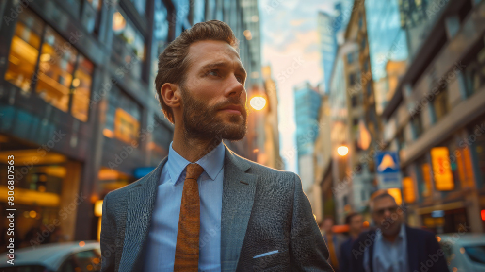 A well-dressed businessman walks through a bustling city street during sunset, reflecting on the day. A well-dressed businessman walks through a bustling city street during sunset, reflecting on the day.