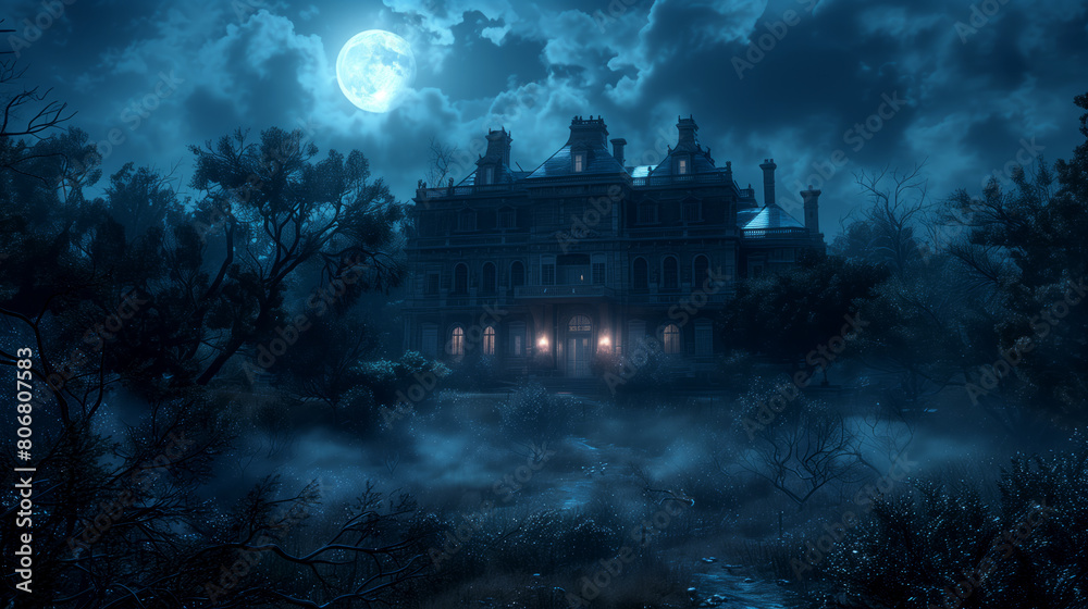 Fototapeta premium A haunted mansion engulfed in swirling mist under a full moon, with shadowy figures creeping around the overgrown garden