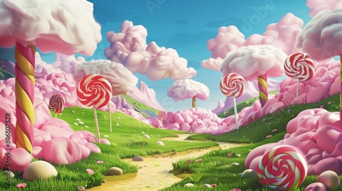 Create a vibrant 3D landscape filled with pink lollipops, grassy hills, and fluffy clouds that look like cotton candy