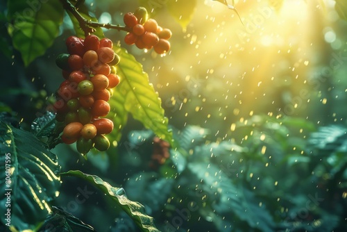 Plant with seedless fruit hanging from tree, sun shining on coffee beans photo