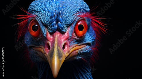 Close-up of a striking blue bird with intense red eyes gazing directly at the viewer