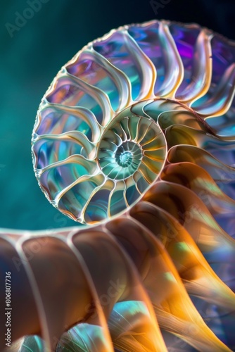 Nautilus shell inspired geometric pattern, spiraling Fibonacci sequence