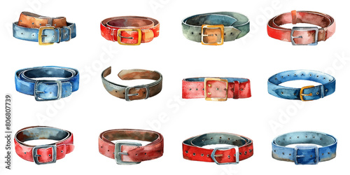 Set of watercolor belts on white background.