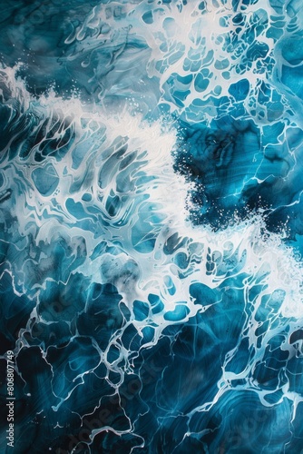 Ocean waves texture  swirling foam  deep blues and turquoise