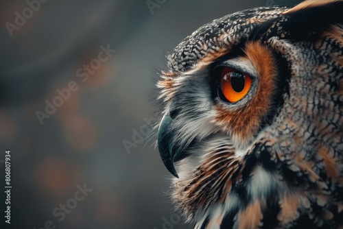 Portrait of an owl (Latin Bubo bubo) close-up with beautiful feathers and big eyes on a white background. Birds, ornithology, ecology.. Beautiful simple AI generated image in 4K, unique. photo