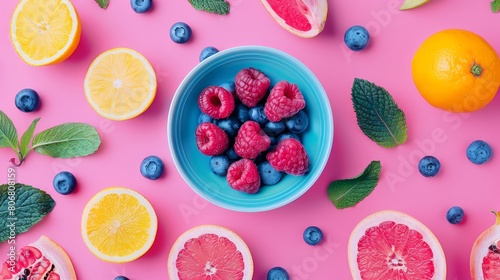   A pink backdrop hosts a vibrant bowl of raspberries  lemons  and blueberries adorned with fresh mint leaves and slices of lemon