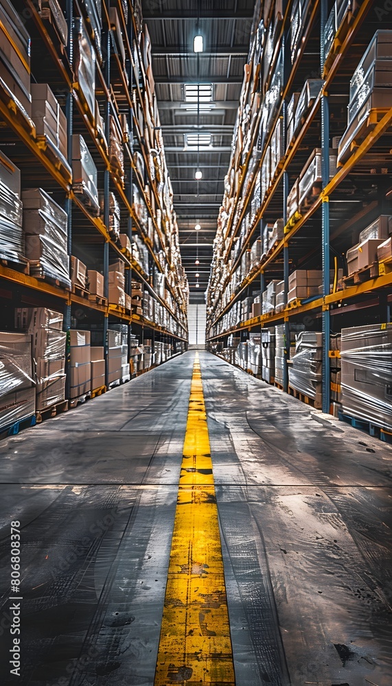industrial warehouse with high shelves and boxes with yellow safety stripes on the floor
industrial warehouse with high shelves and boxes with yellow safety stripes on the floor
