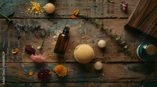 Top-view shot of a rustic wooden table with bath bombs, essential oil bottles, a loofah sponge, and a scattering of dried flower petals