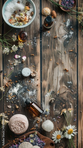 Top-view shot of a rustic wooden table with bath bombs, essential oil bottles, a loofah sponge, and a scattering of dried flower petals