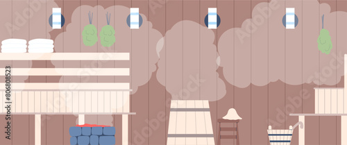 Sauna wooden interior. Hammam with fog, wood barrel for relax. wellness therapy, zone for spa procedures. steam room flat vector background