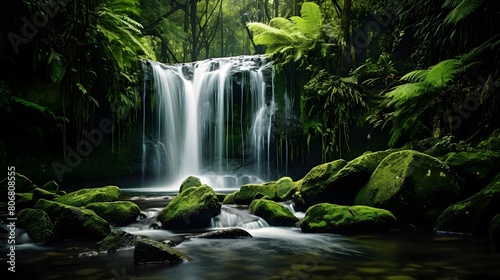 Panorama of a beautiful waterfall in the rainforest  long exposure
