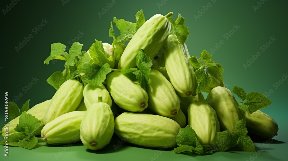 A vibrant pile of green gourds with leaves, showcasing natures bounty A vibrant pile of green gourds with leaves, showcasing natures bounty