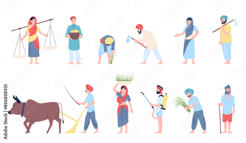 Indian farmers characters. Asian farmers working in field, with animal and different tools. People plantings, seeding, plowing field, recent vector set