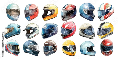 Set of watercolor motorcycle helmets on white background.