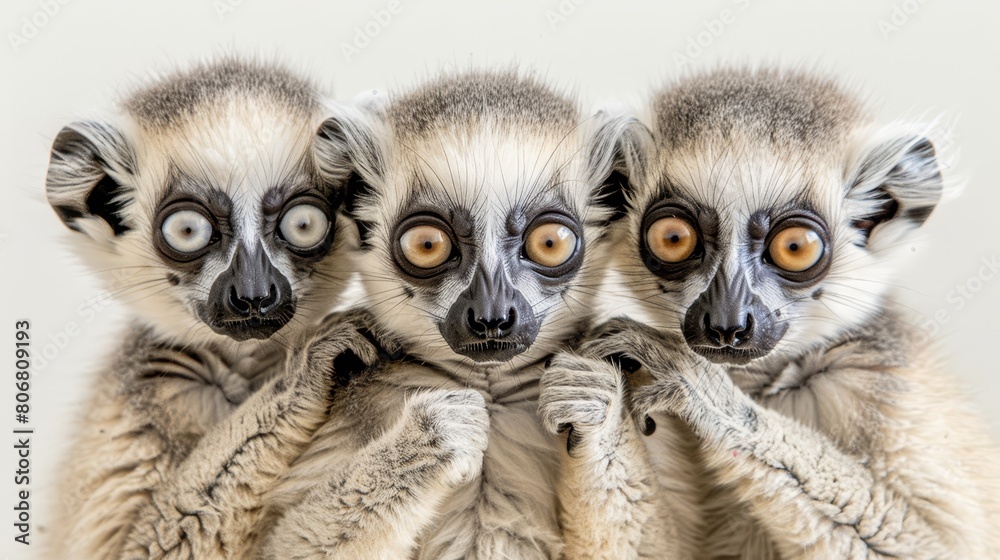 Naklejka premium A trio of baby lemurs perched together on a mound of clothes