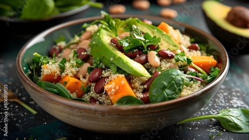 Nourishing Vegan Salad with Quinoa, Avocado, Sweet Potato, Beans, Herbs, and Spinach. Concept Vegan Recipes, Plant-based Meals, Healthy Eating, Superfood Salads, Nutrient-rich Ingredients
