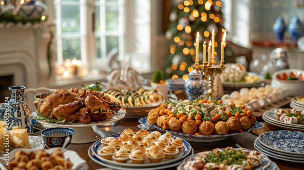 A beautifully arranged holiday table featuring roasted turkey, assorted pastries, and festive decorations under twinkling lights.