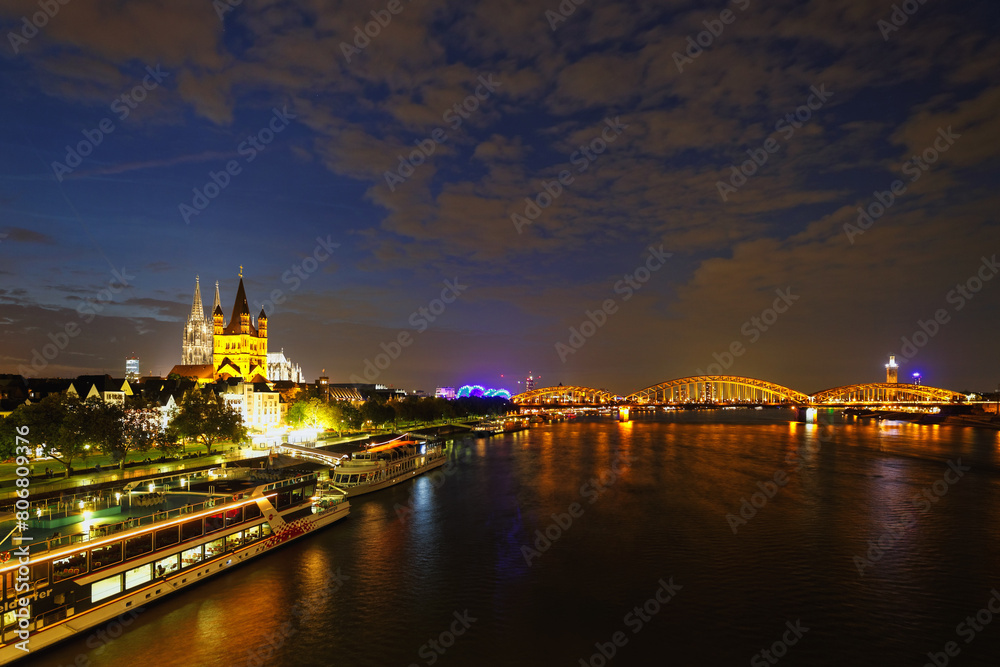Long exposure nighttime view of Cologne, Germany Long exposure nighttime view of Cologne, Germany