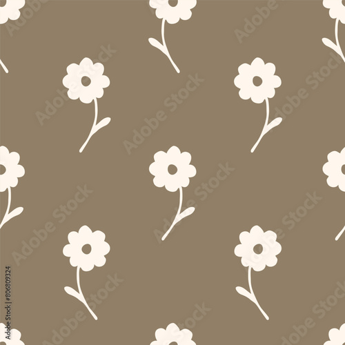 Light flowers on a gray-brown background. Simple floral vector seamless pattern. For fabric prints, textile products, men's shirts, clothes.