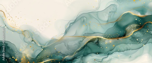 Soft Green Watercolor Waves with Gold Lines - Abstract Background Illustration for Web Design, with Marbled Paper Texture and Fluid