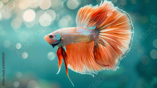 A vibrant betta fish with striking orange and blue colors swims gracefully in a shimmering aqua environment.