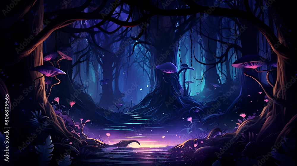 A forest with purple lights and a dark forest with a path. A forest with purple lights and a dark forest with a path.