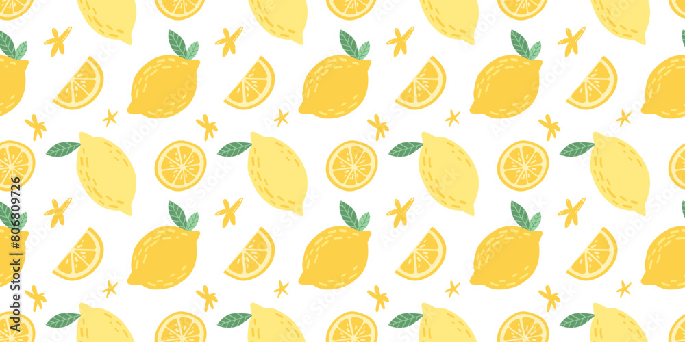 Seamless pattern with hand drawn lemons and slices on white background.