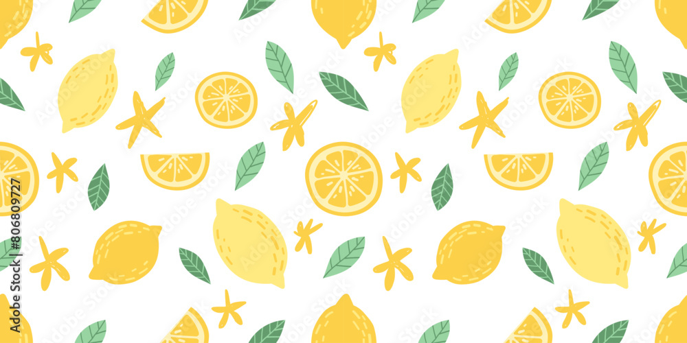 Seamless pattern with hand drawn lemons and slices on white background. Seamless pattern with hand drawn lemons and slices on white background.