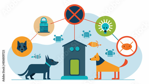 A system that uses ultrasonic technology to deter unwanted animals from entering the property keeping pets safe while outside.. Vector illustration