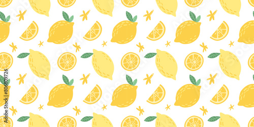Seamless pattern with hand drawn lemons and slices on white background.