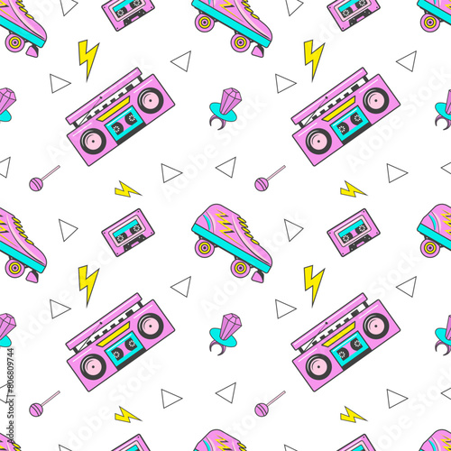 Seamless pattern with colorful elements: skateboard, ring pop, boombox, lollipop, vintage roller blades. Patches, badges, pins, stickers in 80s comic style.