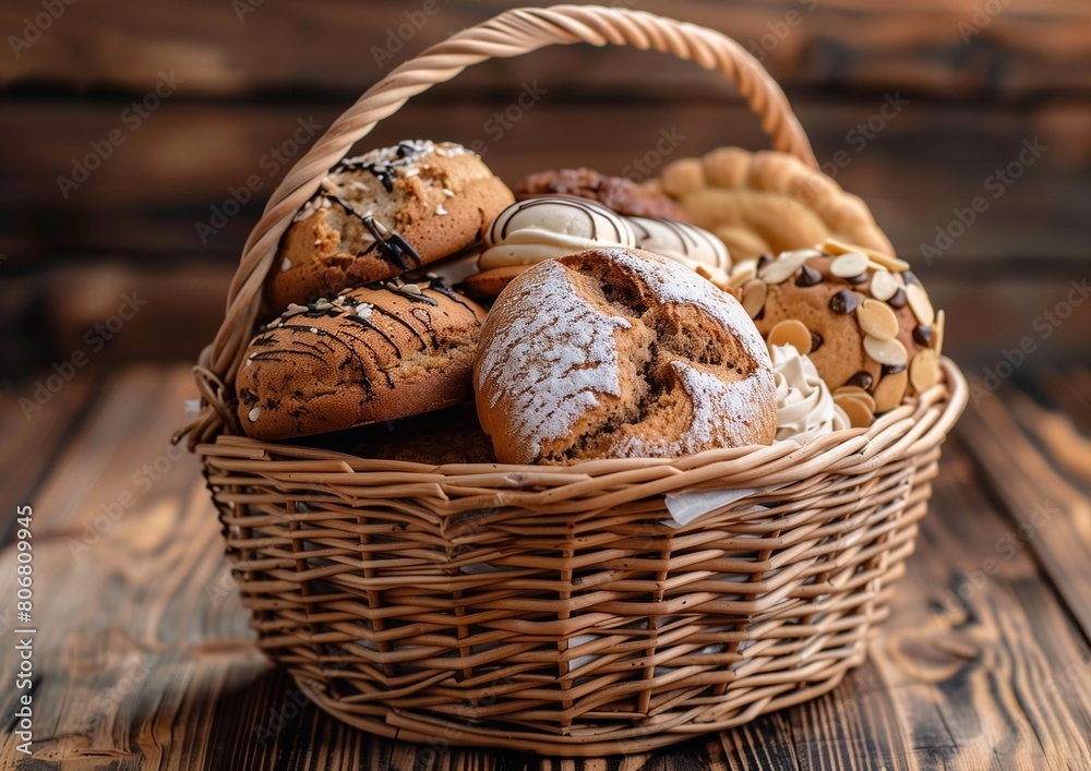 Assorted Fresh Baked Goods in Wicker Basket on Rustic Wooden Table. Assorted Fresh Baked Goods in Wicker Basket on Rustic Wooden Table.