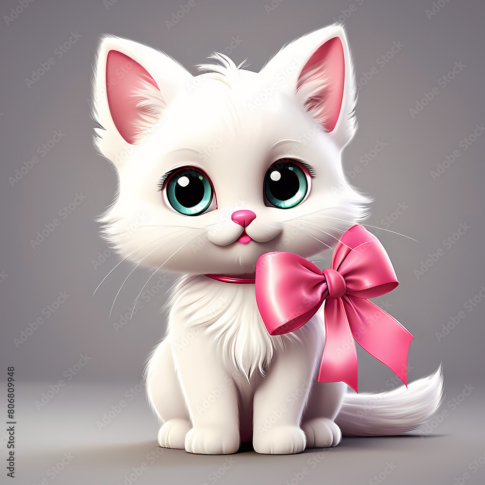 cute white cat cartoon with a pink bow isolated on white background cute white cat cartoon with a pink bow isolated on white background