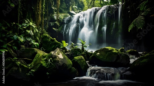 Panoramic view of waterfall in tropical rainforest. Beautiful nature scene.