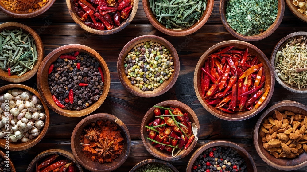 Top view of an array of exotic spices and herbs presented in wooden bowls, set against a dark wooden table, perfect for culinary enthusiasts.