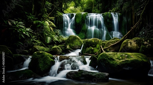 Waterfall in the rainforest. BANNER  LONG FORMAT
