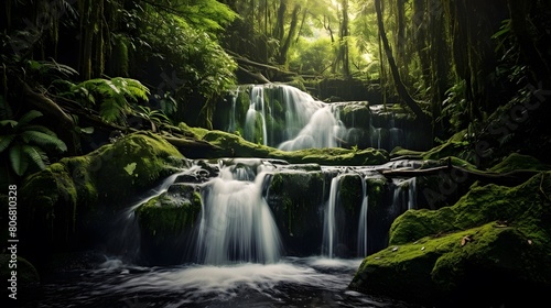 Panorama of a waterfall in the rainforest  long exposure.
