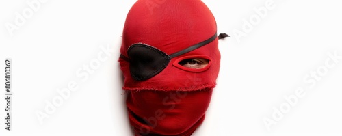 Close-up of a person wearing a red balaclava with a black eye patch on white background