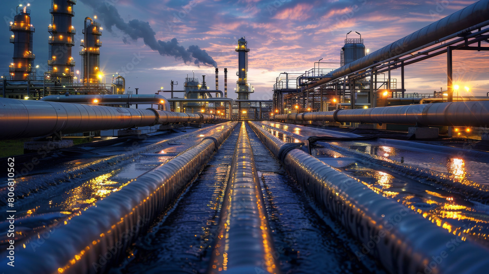 Sunset view of an industrial oil refinery, with illuminated pipelines and towers against a dramatic sky.