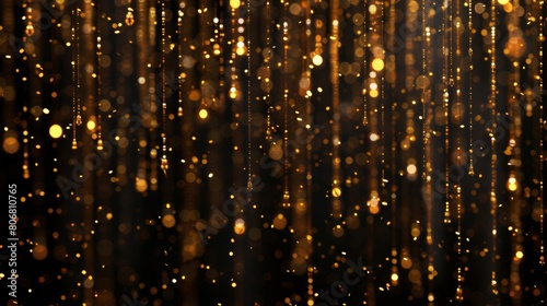 Shiny gold sparkling glitter rain on black background. Suitable for sparkling particle celebration background, parties, posters, greeting cards, Christmas and new year