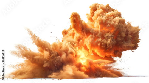A fiery explosion with intense orange flames isolated on a white transparent background