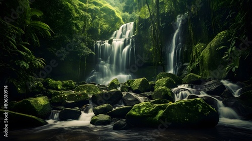 Panoramic view of a waterfall in a tropical rainforest. © Michelle