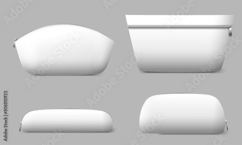 White blank cosmetics bags with zipper realistic mockup isolated set. Handbag, purse template for toiletry, hygiene and body care items vector illustration