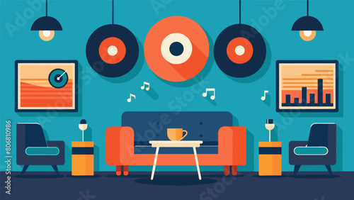 At the end of the record wall a cozy seating area with comfortable chairs and headphones invites customers to relax and listen to their favorite Vector illustration