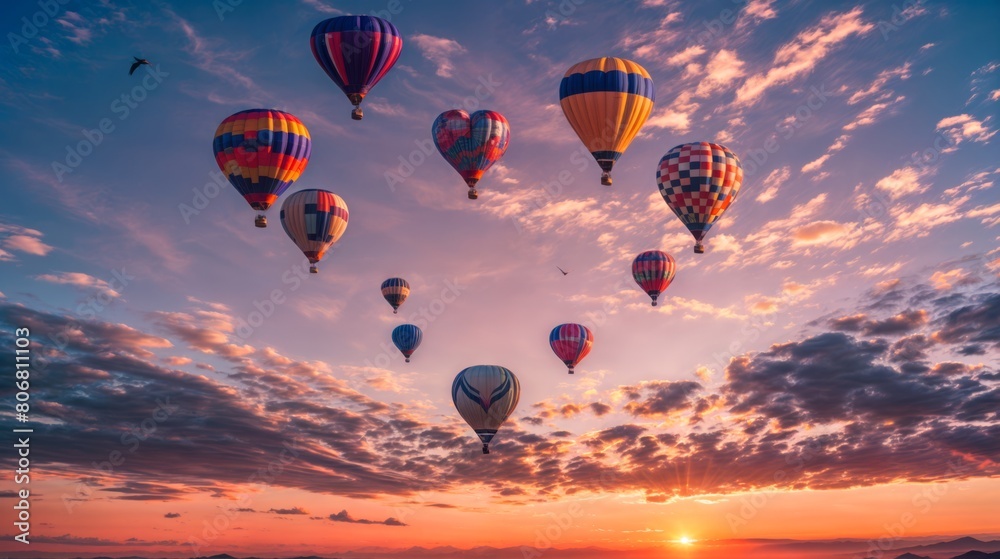 Naklejka premium In the picture, balloons float in the sky at sunset. They come in various shapes and sizes. similar to heart shape