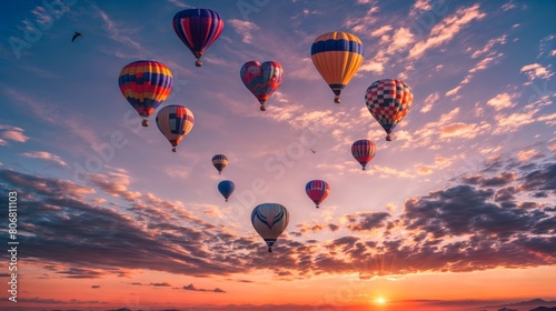 In the picture, balloons float in the sky at sunset. They come in various shapes and sizes. similar to heart shape photo