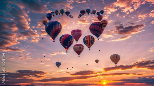 In the picture, balloons float in the sky at sunset. They come in various shapes and sizes. similar to heart shape photo