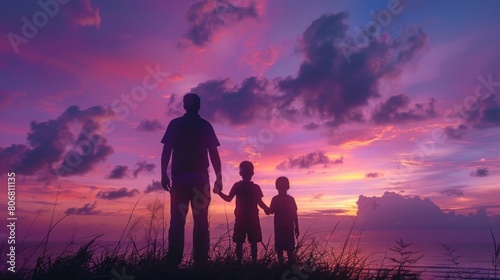Guiding Light  Father and Kids Silhouette Against Purple Sky